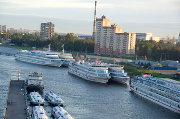 Sticker - Russia, St. Petersburg, Neva River. Tourist riverboats in port in St. Petersburg. 