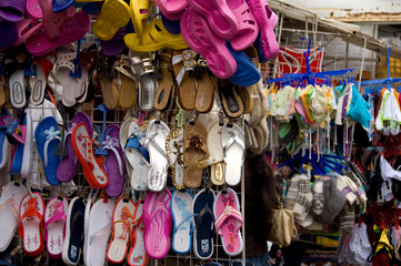 Sticker - Russia, Yaroslavl, Golden Ring city on the banks of the Volga. Typical local market, shoes. 