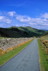 Poster - Wales, Gwynedd Co., Cregennen. Rocks walls delineate many of the roads in the valleys, likes this in the Cregennen Lakes area, in Gwynedd Co., Wales.