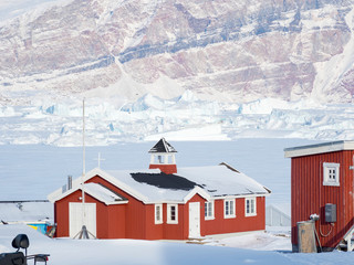 Poster - The fishing village Saatut during winter in the Uummannaq fjord system north of the polar circle. Greenland, Denmark.