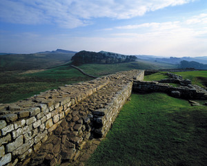 Poster - England, Hadrian's Wall. Hadrian's Wall, a World Heritage Site started in 122, stretches across the smooth green of Northumberland, England.