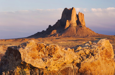 Canvas Print - Rocks at sunset, Shiprock, Navajo Indian Reserve, New Mexico, USA, September