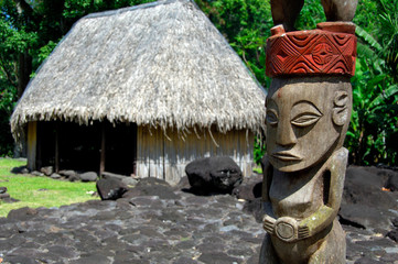 Canvas Print - South Pacific, French Polynesia, Tahiti. Open air Tiki Temple park, ancient site use for royal ceremonies (aka Marae Arahurahu).