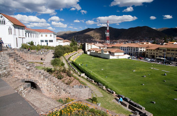 Poster - South America - Peru - Cusco. View of city from the Inca site of Coricancha (once the Inca Empire's richest temple) which forms the base of the colonial church of Santo Domingo.