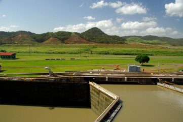 Poster - Central America, Panama, Panama Canal. Overview of empty lock at Pedro Miguel.