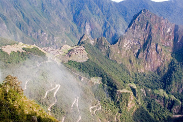 Sticker - South America - Peru. Overall view of the lost Inca city of Machu Picchu and surroundings from the Sun Gate or Intipunku.