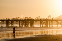 USA, California, Santa Barbara County, Goleta Beach County Park, Off Sandspit Rd, Pier At Sunset