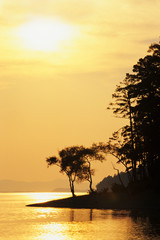 Sticker - USA, Arkansas. Sunset on Lake Ouachita, Ouachita National Forest. 