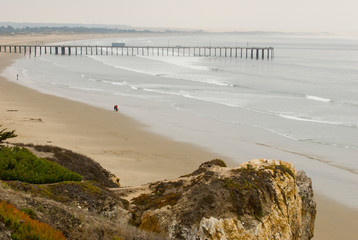 Sticker - USA, CA, Pismo Beach. Renown for the Pismo Clam, surfing, tidepools. View from cliff toward wide beach, pier and sand dunes beyond popular for dune buggy