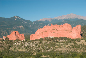 Sticker - USA, Colorado, Colorado Springs, Garden of the Gods. Famous red rock formation called Kissing Camels with Pike's Peak in the distance.