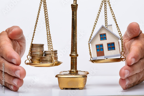 Fotomural Person Protecting Justice Scale With Coins And House Model
