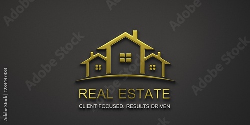 Fotografía Real Estate Houses Gold Logo Design. 3D Rendering Illustration