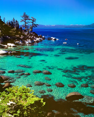 Sticker - USA, Nevada, Lake Tahoe. Kayakers enjoy a lovely day on Lake Tahoe, Nevada