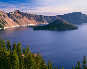 Wall Mural - USA, Oregon, Crater Lake National Park. West rim of Crater Lake with Hillman Peak (center) and Llao Rock (right) above Wizard Island.