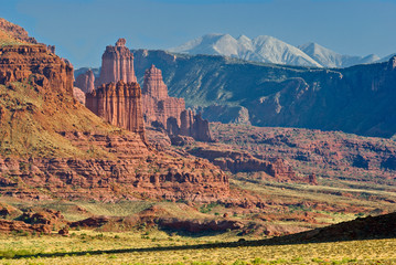 Sticker - USA, Utah, Colorado River Gorge. Waring Mesa, Fisher Towers, Fisher Mesa and the La Sal Mountains at Professor Valley.