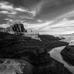 Canvas Print - USA, Utah. Black and White image of Colorado River and canyons with clouds in Canyonlands National Park