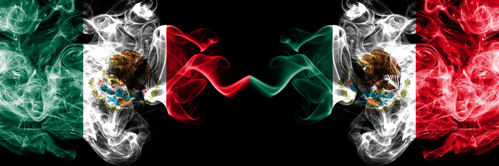 Wall Mural - Mexico vs Mexico, Mexican smoky mystic flags placed side by side. Thick colored silky abstract smokes banner of Mexican and Mexico, Mexican