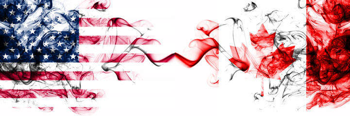 Wall Mural - United States of America vs Canada, Canadian smoky mystic flags placed side by side. Thick colored silky abstract smokes banner of America and Canada, Canadian