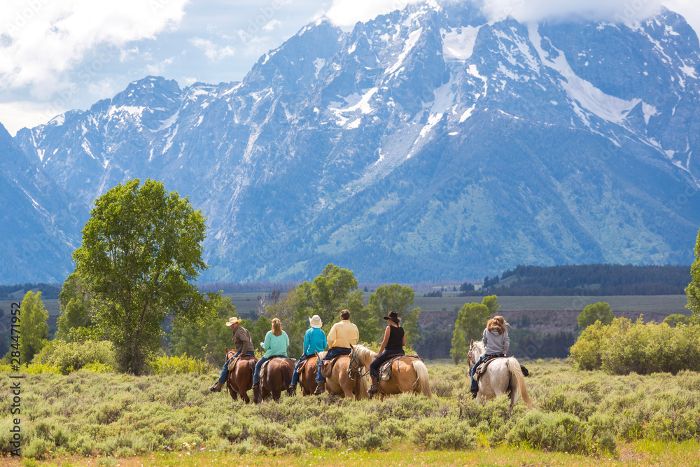 Horse riding, Grand Teton National Park, Wyoming, USA - obrazy, fototapety, plakaty 