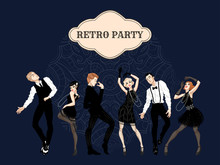 Retro Party Card, Men And Women Dressed In 1920s Style Dancing, Flapper Girls, Handsome Guys In Vintage Suits, Twenties, Vector Illustration