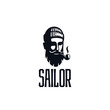 Sailor inscription on a white background . Vector hand drawn illustration of captain with pipe.Template for card, poster, banner, print for t-shirt, coloring books.
