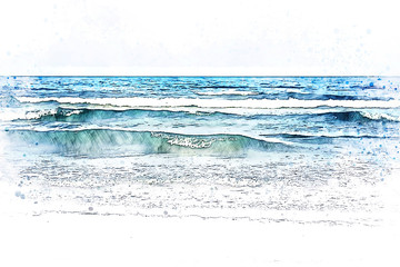 Wall Mural - Abstract coloirful beautiful water sea soft waves on watercolor illustration painting background.