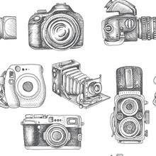 Vector Hand Drawn Sketch Pattern Professional SLR Camera, Photocamera.
