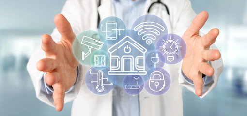 Poster - doctor holding smart home interface with icon, stats and data 3d rendering