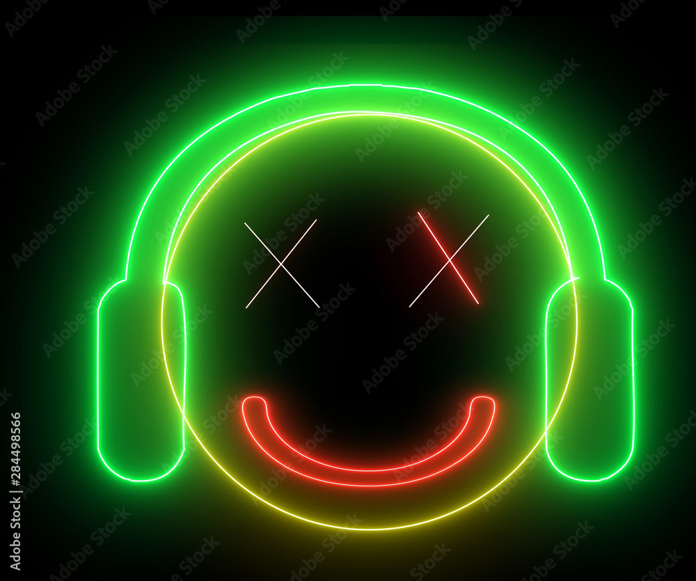 Neon smiley face with headphone. Gamer, DJ emoji, playing game or listening  music. Happy glowing face. Stock Photo | Adobe Stock, image size:1000x835