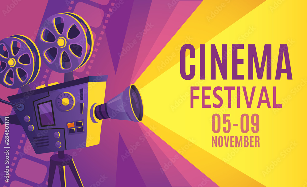 Cinema festival poster. Film billboard, retro movie camera and cinema projector. Cinematography festival flyers, filming events ticket or film entertainment banner cartoon vector illustration - obrazy, fototapety, plakaty 