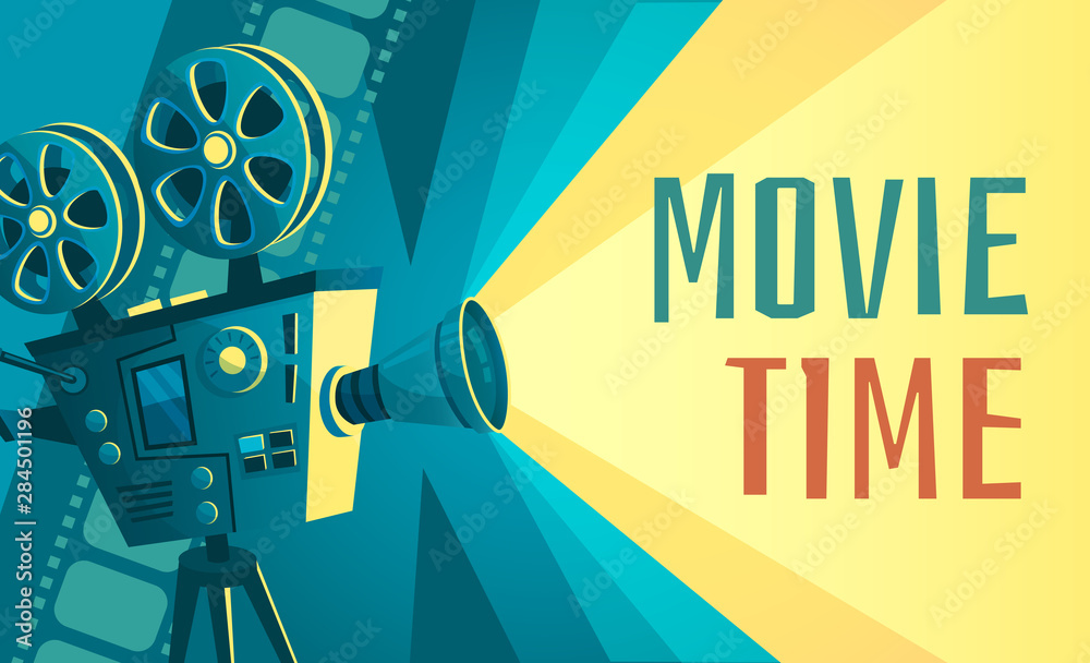 Movie time poster. Vintage cinema film projector, home movie theater and retro camera. Cinematography entertainment equipment, movies production festival banner vector illustration - obrazy, fototapety, plakaty 