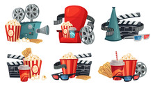 Cartoon Cinema. Movie Projector, 3d Cinema Glasses And Vintage Film Camera. Popcorn, Megaphone And Movie House Armchair. Hollywood Cinematograph Isolated Icons Illustration Vector Set