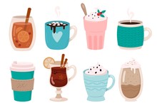 Warming Winter Drinks. Hot Chocolate, Cocoa With Marshmallows And Whipped Cream. Mulled Wine In Winters Mug, Christmas Coffee Drink Or Hot Tea Beverage. Isolated Vector Illustration Icons Set