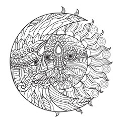 Hand drawn sketch illustration of moon and sun for adult coloring book.