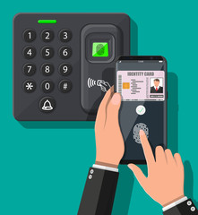 Poster - Password and fingerprint security device at office or home door. Hand with smartphone with id card application. Access control machine, time attendance. Proximity card reader. Flat vector illustration