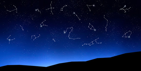 zodiac signs on clear night sky above mountains