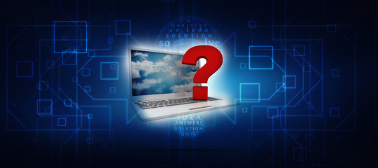 Poster - 3d rendering Computer Online Help Information Concept. Red Question Mark over Laptop Keyboard.