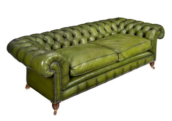 Classic green leather sofa isolated on white