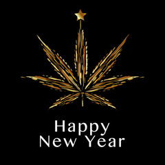 Happy New Year lettering square banner and golden Cannabis with star on a black background. Template greeting card, brochure, poster or banner. Vector illustration