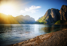  Sunset Over The Mountains And The Sea Of Lofoten Islands In Norway