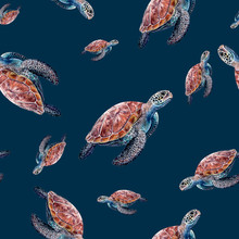 Watercolor Hand Drawn Sea Turtle Isolated Seamless Pattern.