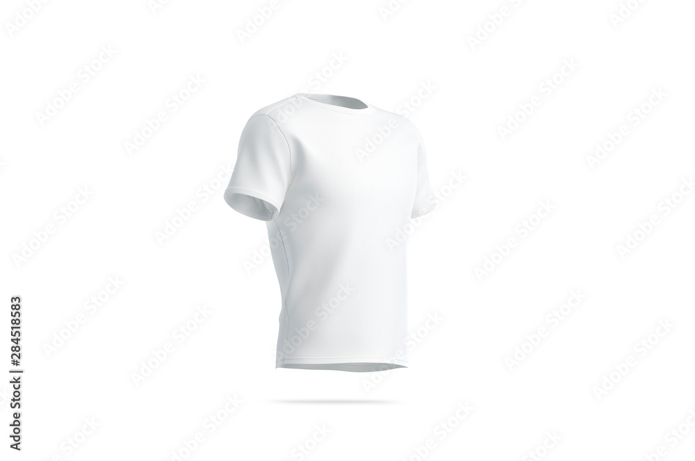 Blank white clean t-shirt mockup, isolated, side view, 3d rendering. Empty sport outfit mock up. Clear fabric cloth for soccer. Unisex tshirt model for logotype print template. - obrazy, fototapety, plakaty 