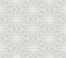 Modern Simple Geometric Vector Seamless Pattern With White Flowers, Line Texture On Grey Background. Light Gray Abstract Floral Wallpaper, Bright Tile Ornament