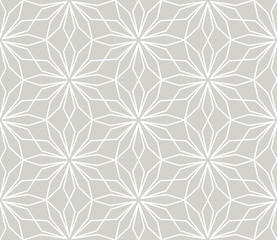Modern simple geometric vector seamless pattern with white flowers, line texture on grey background. Light gray abstract floral wallpaper, bright tile ornament