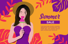 Vector Summer Sale Banner Design With Leaves, Girl And A Watermelon. 