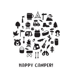  Camping card of black circle icons set.