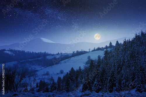 Wonderful Winter Night Scenery In Mountains Snow Covered Forested Hills Full Moon On A Starry Sky Above The Distant Ridge Buy This Stock Photo And Explore Similar Images At Adobe Stock