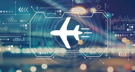 Airplane travel theme with blurred city abstract lights background