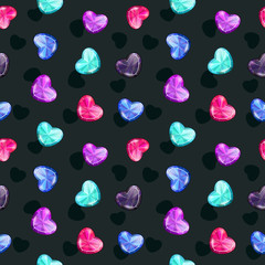 Wall Mural - Seamless pattern with colorful glossy diamond hearts on the black background.