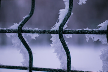 ice and snow on an iron grate in winter